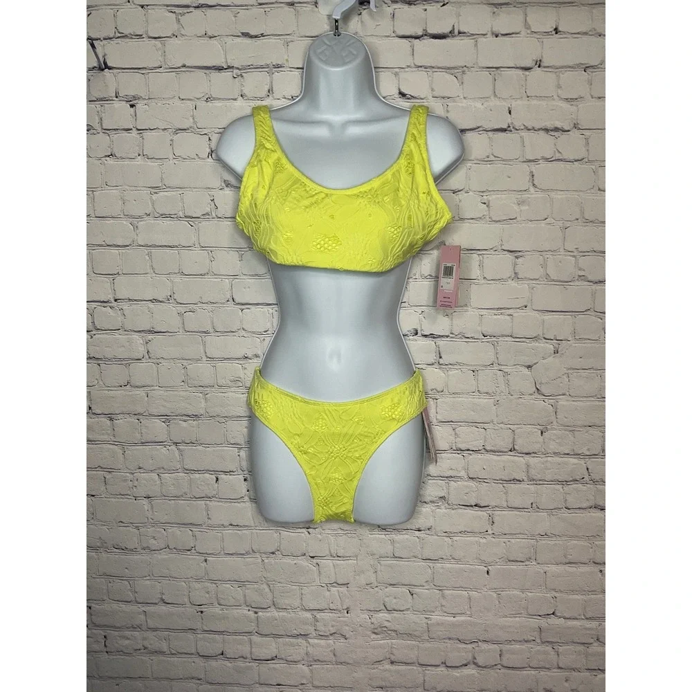 Hurley Crochet Soft Strap Bikini Set Yellow Cheeky Coverage Swimsuit size S - Picture 2 of 4